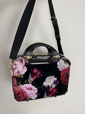 Triforce Cosmetic Bag Black Floral Hardcase Train Case Travel Vanity
